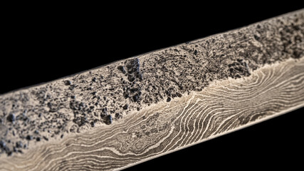 Damascus steel knives on black fpn. Kitchen utensils background with Japanese knife. A set of Japanese Damascus steel knives. Banner.