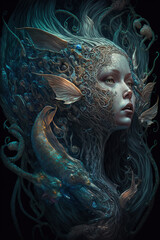 siren, mermaid, underwater, dark fantasy, horror, demons, art illustration