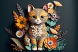 paper art style illustration of a cat with flower blossom