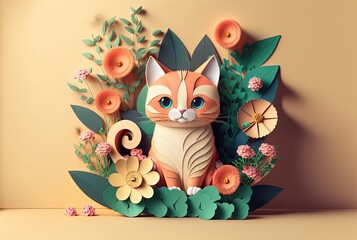 paper art style illustration of a cat with flower blossom