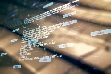 Multi exposure of abstract graphic coding sketch on abstract metal background, big data and networking concept
