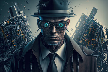 close-up of an enigmatic man using computers. Generative AI