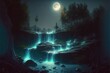 In the middle of the forest at night, the month lights up the waterfall. The water glows and flows down the rocks. Digital illustration. Generative AI