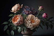 Rich Realistic Flower Naturmorte, Peony, Roses