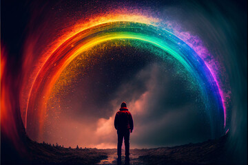 person standing in front of a rainbow, representing hope and the possibility of a brighter future, REALISTIC (AI Generated)