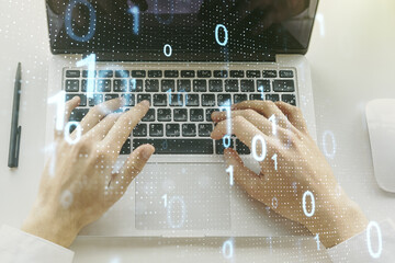 Wall Mural - creative abstract binary code sketch and hands typing on computer keyboard on background, hacking an