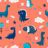 Fototapeta Dinusie - Baby pattern with dinosaurs. Vector hand-drawn colored seamless repeating baby pattern with cute dinosaurs, letters in Scandinavian style. Cute baby animals.