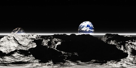 Wall Mural - Lunar landscape. HDRI . equidistant projection. Spherical panorama. panorama 360. environment map, 3d rendering
