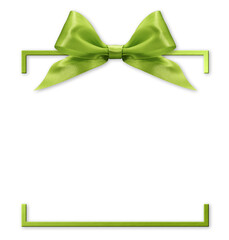 Wall Mural - bright green ribbon bow and box frame isolated on background, copy space for gift greeting card, template for Merry Christmas and mother or father day, for happy Easter or St Patrick day