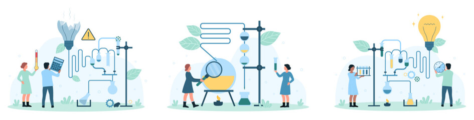 Wall Mural - Chemistry, laboratory research set vector illustration. Cartoon tiny people work with scientific equipment, lab test tube and chemical reagents for analysis, science experiment and reaction analyzing