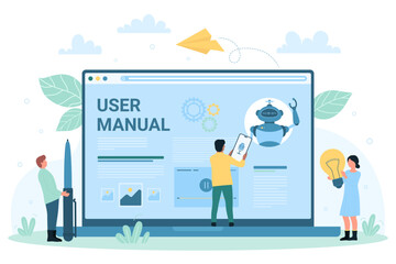 User manual online vector illustration. Cartoon tiny people study guide article on laptop screen, customers read instruction, use guidebook and support of voice assistant on mobile phone screen