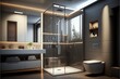 Modern big wooden and marble bathroom with shower