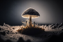 Close Up Of A Psilocybin Mushroom On A Piece Of Dirt , Magic Mushroom 
