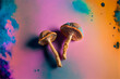 Two dried psilocybin mushrooms on a rainbow-coloured background. 