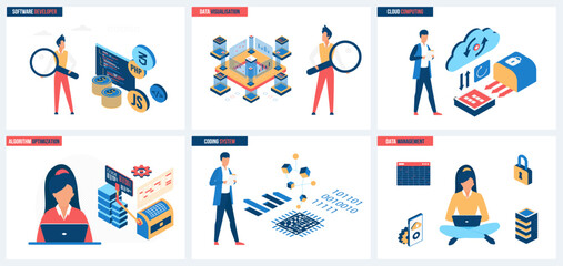 Poster - Data visualization and cloud computing, management and optimization of algorithms, coding systems set vector illustration. Cartoon tiny software developer studying code with magnifying glass