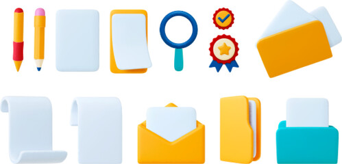 Wall Mural - office 3d icons, plastiline design. isolated email, data folders and empty receipt or bill templates