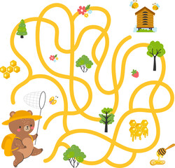 Poster - Children maze game, kids labyrinth. Path finding graphic art for kid play. Forest cartoon bear find ways to honey. Child magazine nowaday vector page