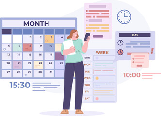 Wall Mural - Woman monthly schedule. Businesswoman and calender, plans on month and week. Weekly to do list, meetings or kicky project planning vector concept