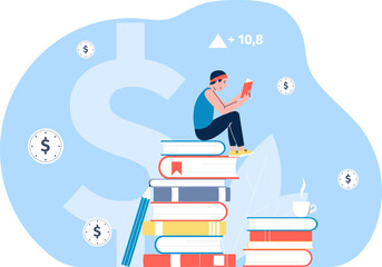 Wall Mural - Intellectual and financial growth through self-study. Man reading book, guy sitting on books pile with coffee. Finance education vector concept