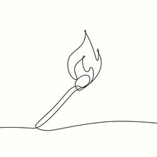 Burning Match Drawn By Hand With A Continuous Line. Vector Illustration Of Matchstick On In Single Line Style.