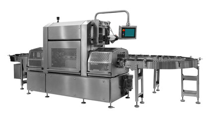 Poster - Automatic packing machine. Filling equipment. Packing in a transparent cellophane film. Designing machines for the food industry isolated on white background