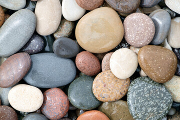Aufkleber - Smooth round wet pebbles texture background. Pebble sea beach close-up
