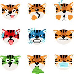 Canvas Print - Tiger icons set of emoticons isolated vector illustration on white background. Tigers heads with emoticons, cartoon character collection
