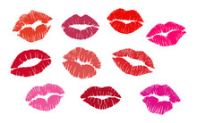 Set Of Lipstick Kiss Prints. Red, Pink, Purple, Wine, Magenta Lips. Different Shapes Female Sexy Lips. Lips Makeup. Female Mouth. Imprint Of Lips Kiss Illustrations On Transparent Background. PNG
