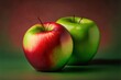 a green and a red apple sitting side by side on a green surface with a red background behind it.