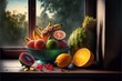 a painting of a bowl of fruit on a table next to a window sill with a tree outside.