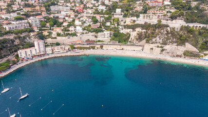 Wall Mural - Villefranche, small town in france, French Riviera, Drone view on coast and town