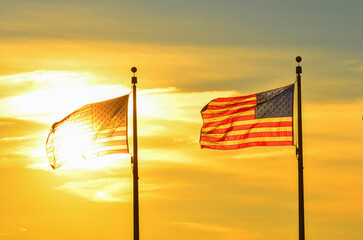 Wall Mural - Washington Monument and waving US flags and people in silhouettes during  sunset - Washington DC - United States