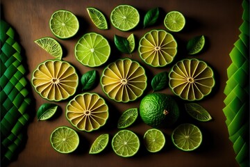 Wall Mural - a group of limes cut in half on a table with green leaves and a green paper fan on top.