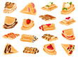 Pancakes with different stuffings set. Rolled crepes stuffed with strawberry, berry, raspberry, chocolate cartoon vector