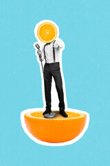 Poster - Vertical creative collage photo promo orange juice of young performer talented singer stay with microphone isolated on blue color background