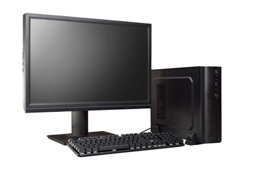 Black modern desktop PC with monitor and keyboard. Isolated png with transparency. Copy space on the monitor screen