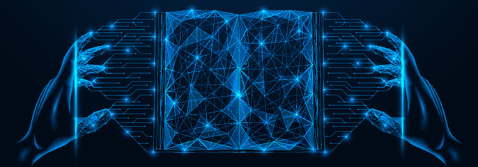 artificial intelligence creating an e-book. polygonal design of interconnected lines and points. blu