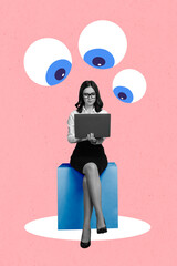 Creative photo 3d collage artwork poster picture of successful lady use netbook work time isolated on painting background