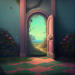 Wall Mural - Generative AI:door to another dimension with beautiful landscape