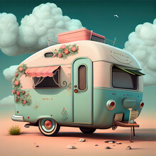 Generative AI:cute Camp In The Desert With Flowers And Blue Sky