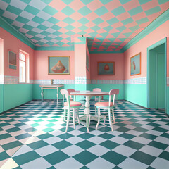 Wall Mural - Generative AI: pastel fantasy room with blue and pink checkered floor