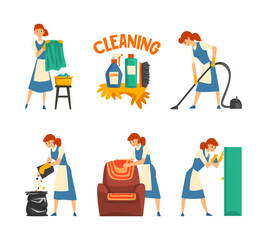 Wall Mural - Cleaning Service with Woman Doing Domestic Chores and Housekeeping Vector Set