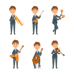 Sticker - Young Man in Suit and Tie Playing Musical Instrument Performing Concert on Stage Vector Set