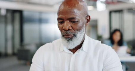 Aufkleber - Laptop, office and african businessman with company financial research, kpi review and online report in focus, mission and goals. Senior corporate employee working on pc technology at desk workspace