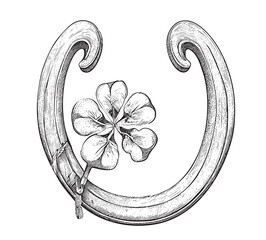 Poster - Horseshoe with clover sketch hand drawn in engraving style logo Vector illustration.