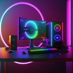 Fototapete - Futuristic gaming computer on table in illuminated room AI