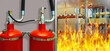 © Grispb - Fire inside warehouse. Fire extinguishers are fixed on wall. Red fire extinguishers close up. Burning warehouse with boxes. Flames are spreading near storage shelving. Flame extinguishing equipment