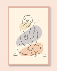 Wall Mural - Female line poster. Graphic element for website, abstract creativity and art. Cover and banner, painting for home decoration. Model for magazines, nude young girl. Cartoon flat vector illustration