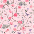 Watercolor garden rose bouquet, blooming tree seamless pattern, Chinoiserie floral texture on pink