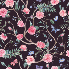 Watercolor garden rose bouquet, blooming tree seamless pattern, Chinoiserie floral texture on black